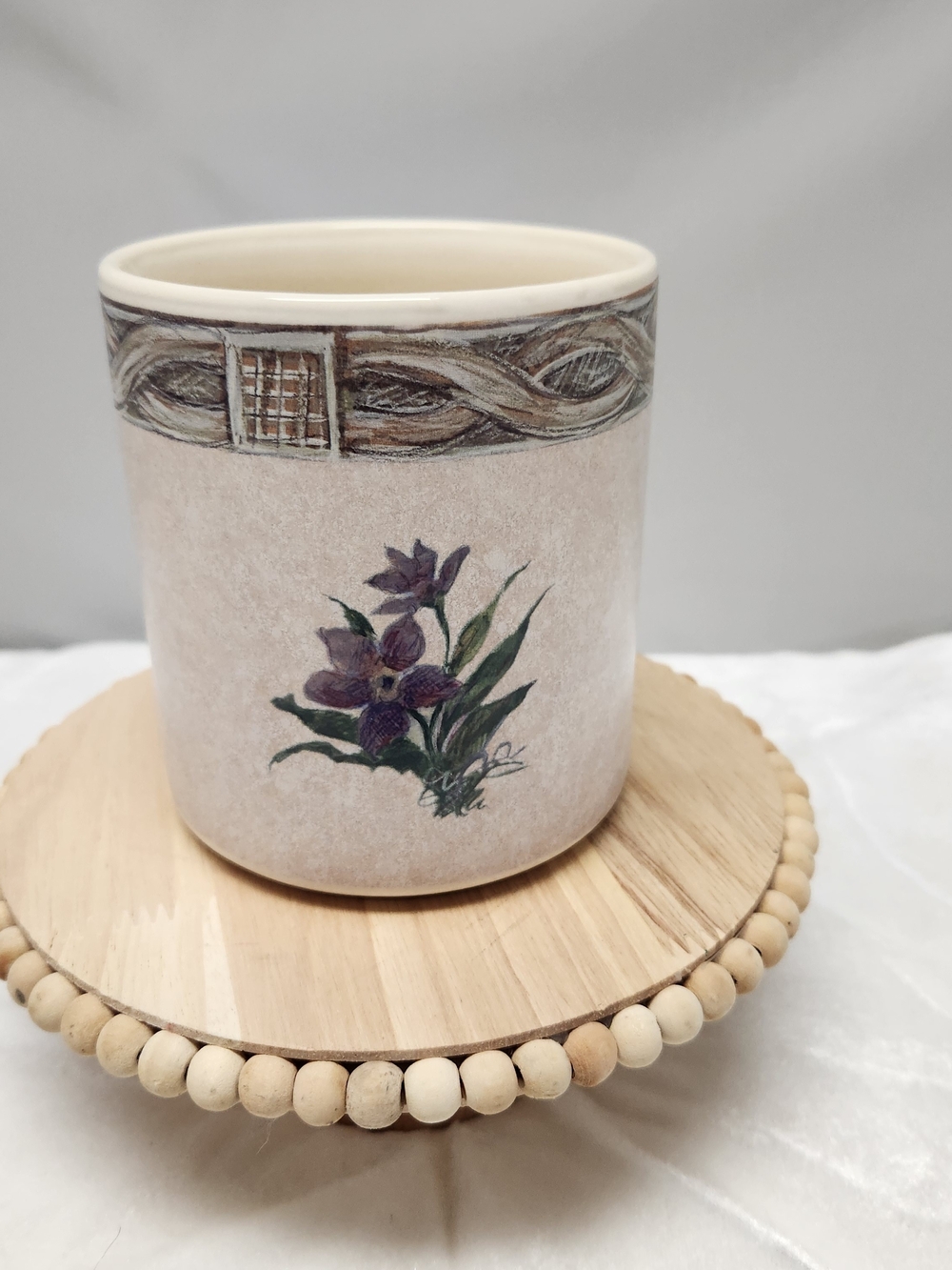 Beige Ceramic Decorative Vase with Purple Floral Motif